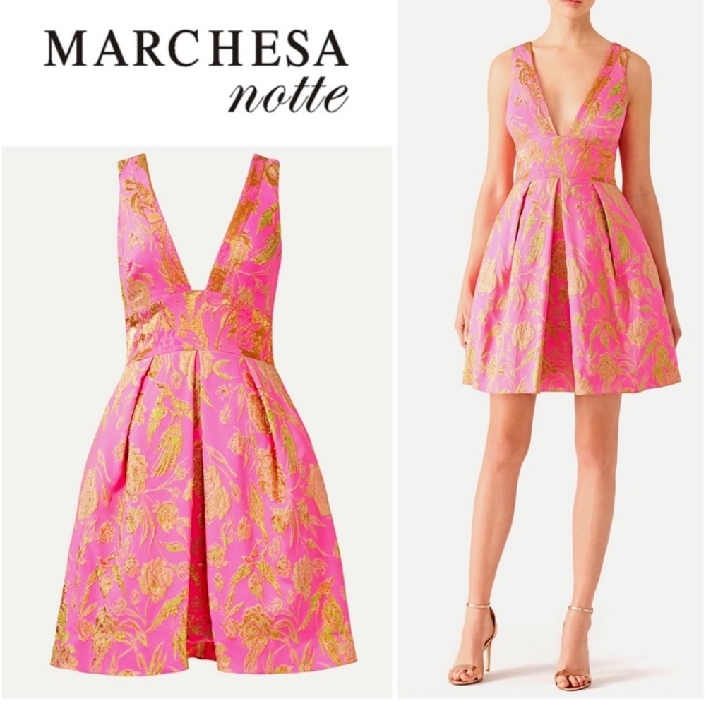 Marchesa Notte V Neck Metallic Floral Dress Size 6